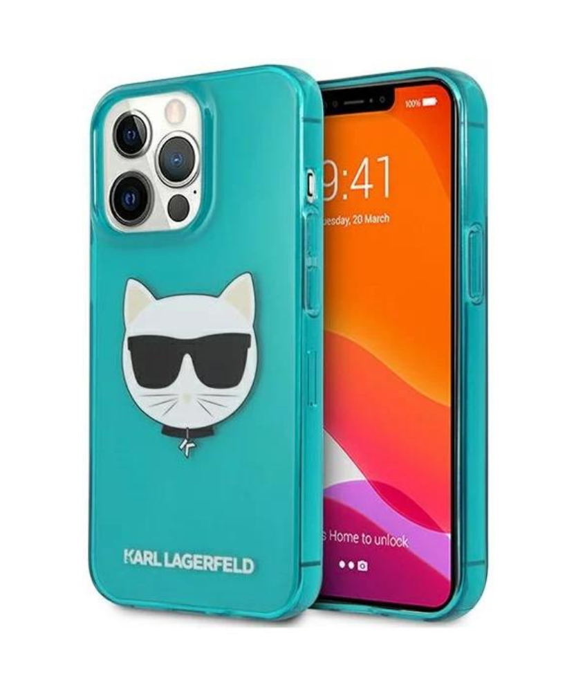 Оригинален кейс за iPhone 13 Pro Max - Karl Lagerfeld Blue Hardcase Glitter Choupette Fluo