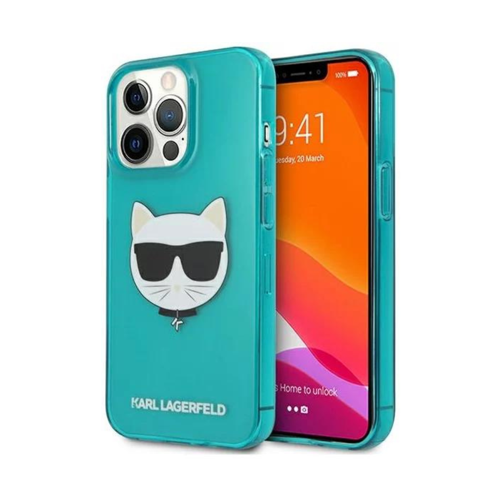 Оригинален кейс за iPhone 13 Pro Max - Karl Lagerfeld Blue Hardcase Glitter Choupette Fluo