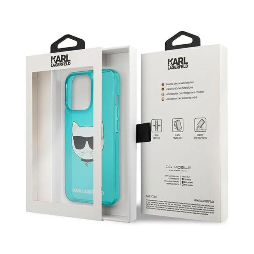 Оригинален кейс за iPhone 13 Pro Max - Karl Lagerfeld Blue Hardcase Glitter Choupette Fluo