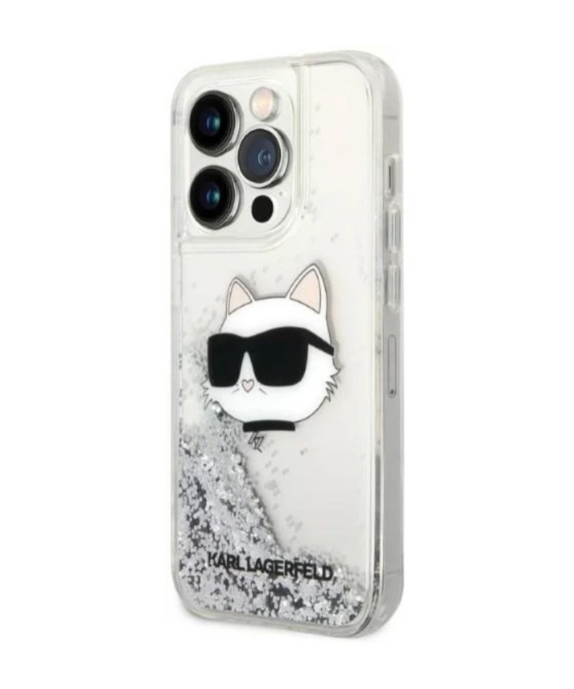 Оригинален кейс за iPhone 14 Pro - Karl Lagerfeld Silver Hardcase Glitter Choupette Head