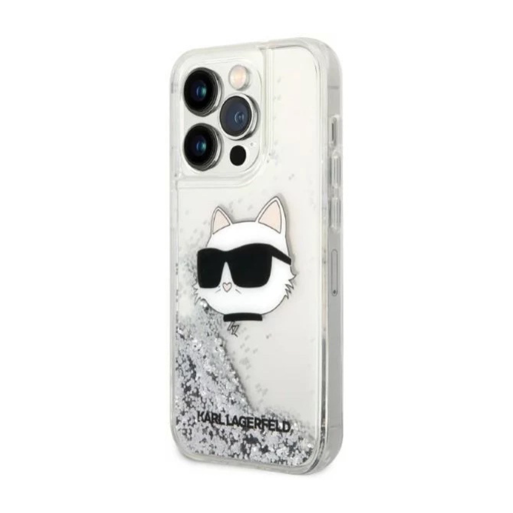 Оригинален кейс за iPhone 14 Pro - Karl Lagerfeld Silver Hardcase Glitter Choupette Head