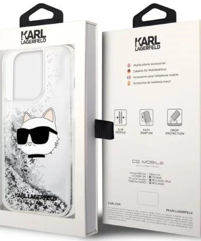 Оригинален кейс за iPhone 14 Pro - Karl Lagerfeld Silver Hardcase Glitter Choupette Head