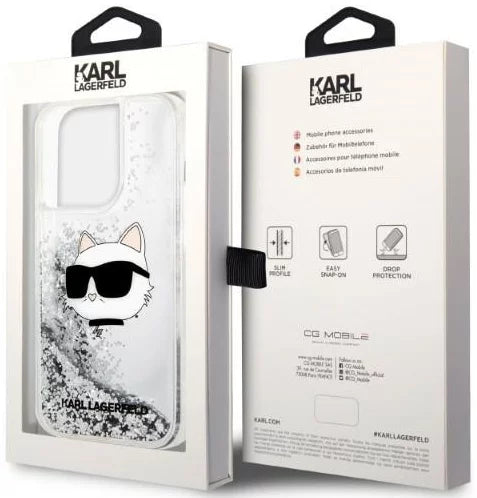 Оригинален кейс за iPhone 14 Pro - Karl Lagerfeld Silver Hardcase Glitter Choupette Head